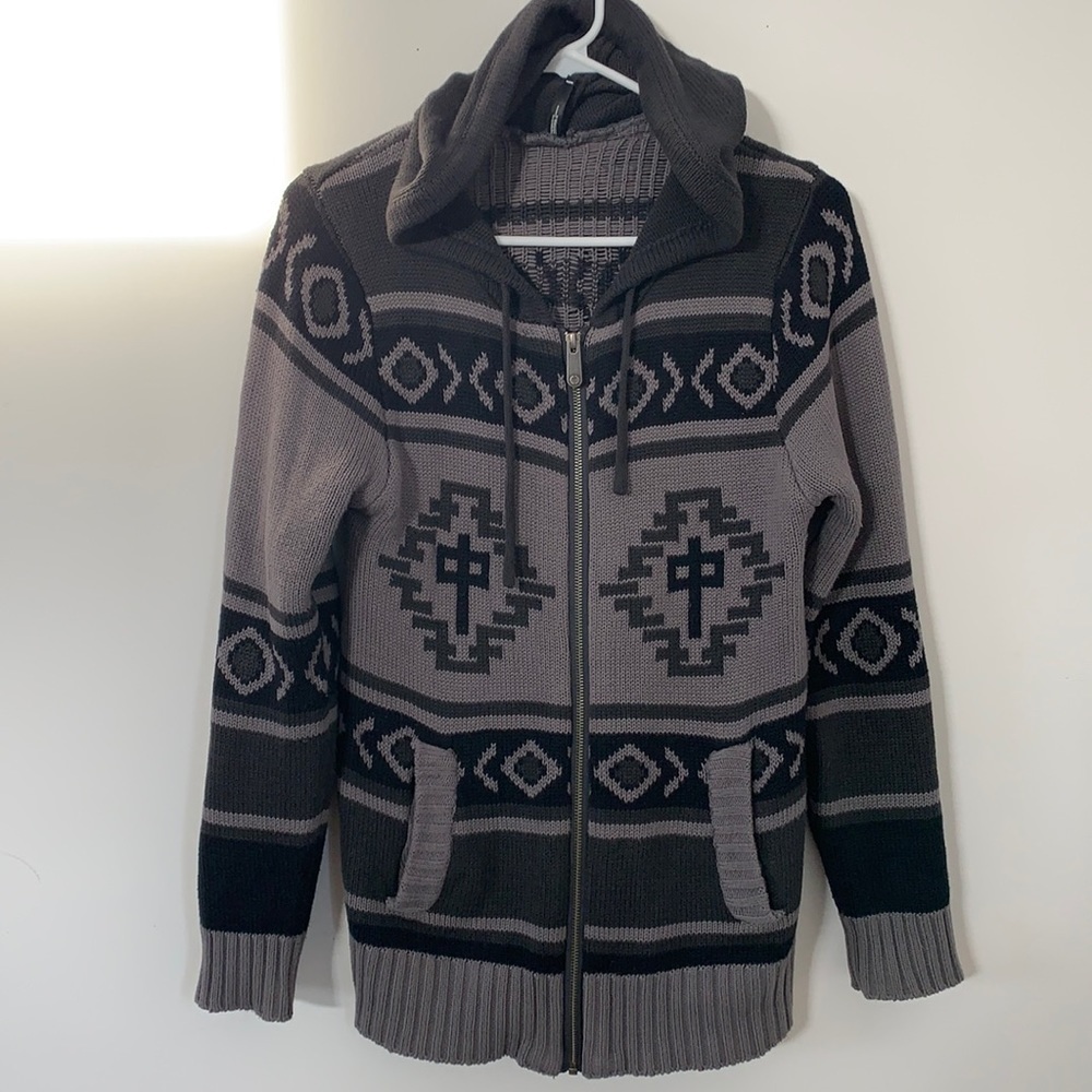 BLACK & GREY KNITTED ZIPPED HOOD SWEATER  JACKET SIZE M